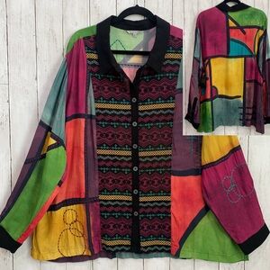 John Mark 3X Embroidered Patch Print Button Roll Tab Sleeve Boho Artsy Shirt